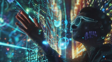 Aufkleber - Metaverse and Blockchain Technology Concepts Person with Glasses try to Touching Object for Experiences of Metaverse Virtual World Futuristic Tone : Generative AI