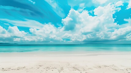 Wall Mural - Beautiful beach with white sand turquoise ocean water and blue sky with clouds in sunny day Panoramic view Natural background for summer vacation : Generative AI
