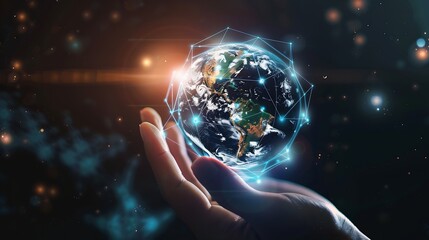Aufkleber - Metaverse TechnologyNext generation technologyGlobal networking connectionscience innovation and communication technologyHand holding earth globe with data exchanges on connection tech : Generative AI