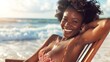 © The Little Hut - Portrait of happy african american woman sunbathing on wooden deck chair at tropical beach while looking at camera Smiling black girl enjoying vacation at seaside with copy space Woman : Generative AI