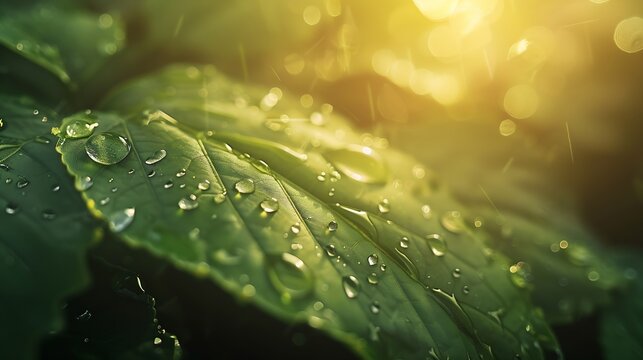Large beautiful drops of transparent rain water on a green leaf macro Drops of dew in the morning glow in the sun Beautiful leaf texture in nature Natural background : Generative AI