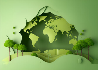 Green world paper cute style with Copy space, Earth day banner and World Environment day concept