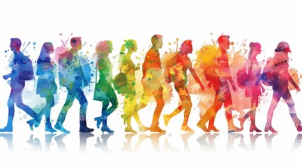 Wall Mural - A diverse group of people, each representing different silhouettes and sizes, walking in unison towards the right side on an isolated white background. The colors should be vibrant
