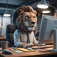 A whimsical and imaginative illustration of a lion wearing a tie and glasses, seated at a desk in a modern 3D-animated office setting