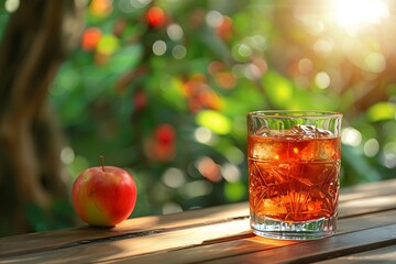 Wall Mural - close on drink and apple on a wooden table in garden background in summer