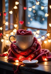 a cup, wrapped snugly in a colorful scarf, sits surrounded by an array of charming valentine's heart