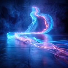 A blue neon tunnel with symmetrical glowing lines leads forward, creating an atmosphere of mystery and futuristic technology. The tunnel walls have smooth curves, futuristic digital art style.