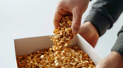 Close-up of a person's hands pouring crunchy granola into a white bowl, showcasing healthy breakfast options.