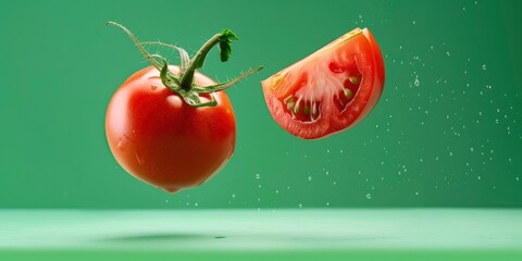 Wall Mural - A tomato and half of another tomato flying in the air, green background,