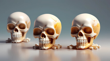 Cute skull toy art with transparent acrylic body covering the bones, 3D icon, white, clay material isometric, 3D rendering, smooth and shiny, vinyl figure, toy art, realistic use of light and color, s