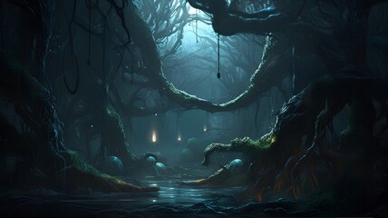 Wall Mural - Mysterious dark forest. 3D rendering. Fantasy forest.