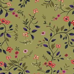 Wall Mural - a pattern of flowers and leaves on a green background