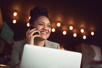 Aufkleber - Happy woman, cafe and night with laptop or phone call for business, discussion or startup. Female person or freelancer with smile on computer or mobile smartphone for communication at coffee shop