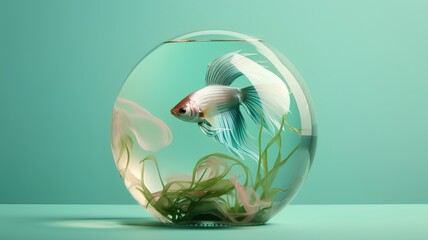 Wall Mural - Goldfish in a round glass vase on a green background. 3d rendering