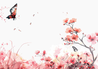Wall Mural - a painting of a butterfly flying over a field of flowers