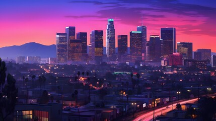 Wall Mural - A panoramic view of the downtown Los Angeles at dusk.
