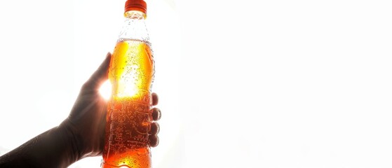 Hand holding a glowing transparent bottle of fizzy orange drink against a bright white background. Refreshing beverage concept.