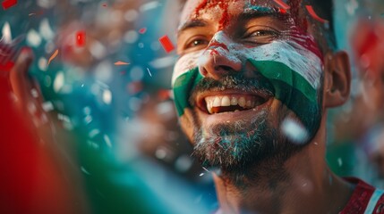 Vibrant Portrait of a Joyful male Hungary Supporter with a Hungarian Flag Painted on His Face, Celebrating at UEFA EURO 2024