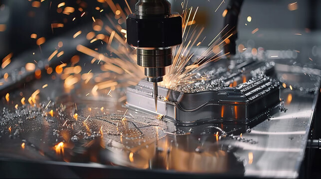 Close up of professional worker hands holding industrail drill with sparkling from machine. Civil engineer cutting metal or usi