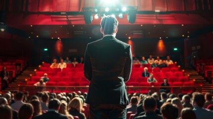 Back view of motivational speaker standing on stage in front of audience