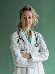 Wall Mural - Portrait of a female doctor in a medical gown on a green background. Medical specialist in the clinic.