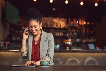 Aufkleber - Business woman, tablet and phone call in coffee shop with smile from remote work and finance consulting freelancer. Cafe, technology and job consultation online on website and internet at restaurant