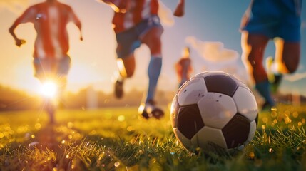 Detail of soccer players running after the ball in sunset light.