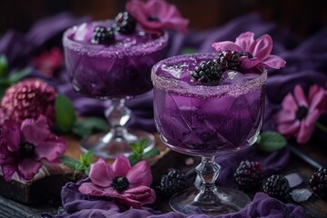 Wall Mural - A velvety purple drink, suggesting a fusion of blueberries and blackberries. Floating chia seeds and a sprig of lavender add texture and a hint of luxury