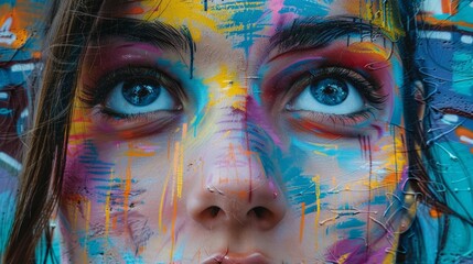 close-up portrait of a person with colorful face paint, showcasing vibrant artistic expression and c