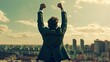 © progressman - a man in a suit raising his hands in the air in front of a cityscape with a sky background..