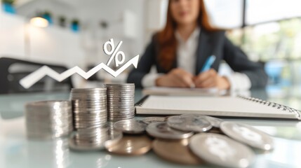 Poster - A businesswoman is analyzing financial growth using coins and a graph in her office. The scene includes financial documents, stacked coins, a rising graph, and concepts like investments and success