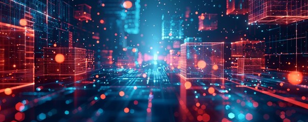 Poster - , abstract red blue neon background. Glowing linear volumetric cube in the middle of the city street, under the starry night sky.  simple illustration
