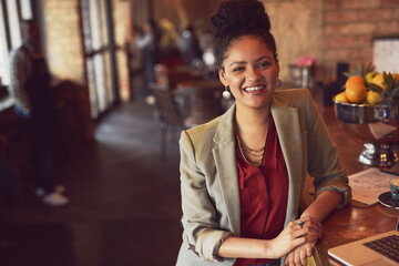 Poster - Happy woman, portrait and coffee shop with laptop for small business, management or startup. Female person, owner or entrepreneur with smile on computer for online service or connectivity at cafe