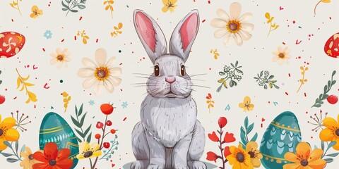 Wall Mural - Easter pattern rabbit bunny, eggs, flowers. Seamless spring seamless background illustration