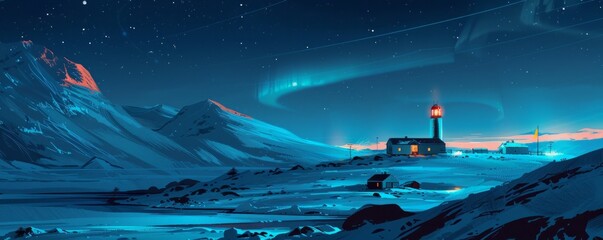 an arctic research station nestled amidst a frozen landscape, its stark silhouette illuminated by th