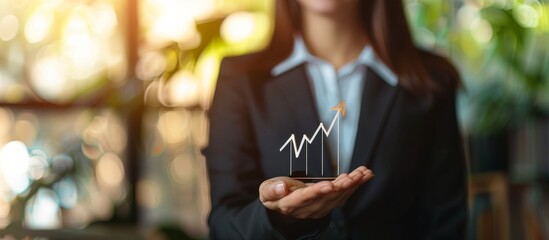 Poster - In a warmly lit office, a dedicated businesswoman explains financial growth on a graph, symbolizing success in the corporate world. She embodies leadership and professionalism in business