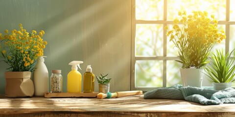 Canvas Print - Cleaning items in a basin on a wooden table web banner with copy space: spring cleaning concept illustration