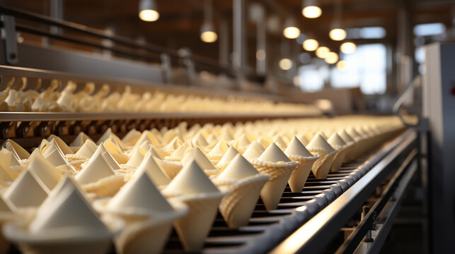 ice-cream dairy factory - conveyor belt with icecream cones at modern food processing factory. manuf