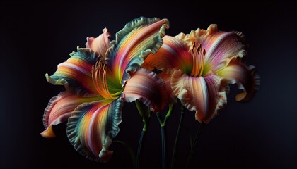 An image of two large colorful daylily flowers