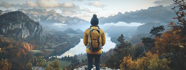 Solo traveler taking in the views from a scenic overlook, backpack visible, symbolizing adventure and self-discovery, suitable for travel and inspirational themes.