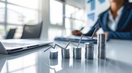 Poster - A visual representation of increased business growth and financial success is shown with stacked coins and an upward graph, symbolizing a rise in wealth and profits for the company