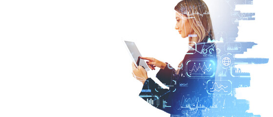 Poster - Businesswoman finger touch tablet and big business data chart. Copy space