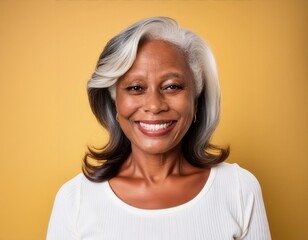 Close-up photo of a smiling middle-aged black woman with gray hair wearing a white shirt