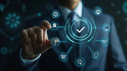 Poster - A businessman is seen engaging with a futuristic digital interface in a technologythemed concept. The scene includes a range of hightech elements such as holograms and touchscreens