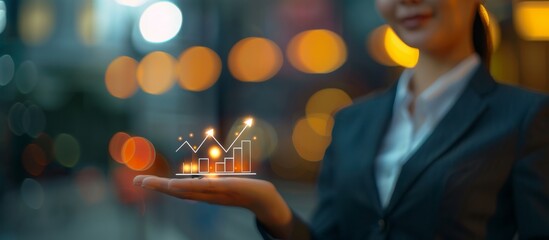 Poster - A businesswoman showcasing a digital graph interface in an office park setting with professional and innovative elements, symbolizing data analysis, growth, and success in business