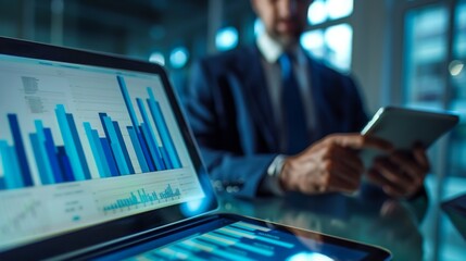 Poster - In the office, a businessman uses digital devices to analyze financial data, focusing on analytics and business planning with modern technology for corporate growth and increased productivity