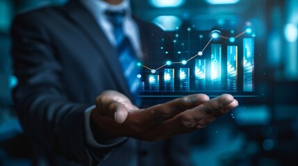 Poster - A businessman presents a financial growth chart on a digital interface, symbolizing innovation and professionalism in business and finance, highlighting technological advancements in finance