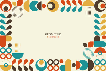 Wall Mural - Abstract colorful flat geometric on a beige background, template design with the simple shape of circles. Floral design in vintage style with free space in the middle. Vector Illustration.