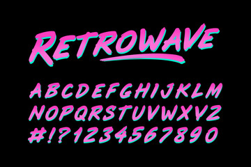 Poster - Perfect Retrowave 80s style font type of pink vector  alphabet with numbers. Rock font. Neon Retro futuristic vintage font type. Set for print tee and music poster and cover design 80s -90s