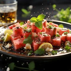 Wall Mural - Watermelon salad with feta cheese. lemon and mint on black background